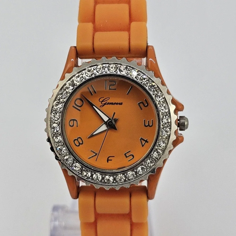 30MM Watch Women Orange Dial Crystal Bezel‎ Orange Plastic Bands New Battery